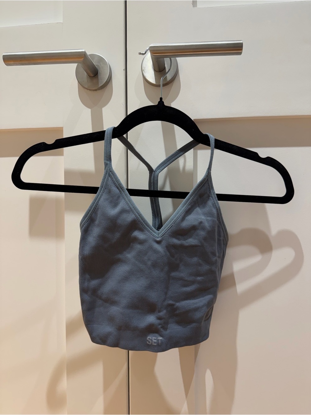Set Active Ribbed V-Neck Cropped Cami Top in Slate Blue